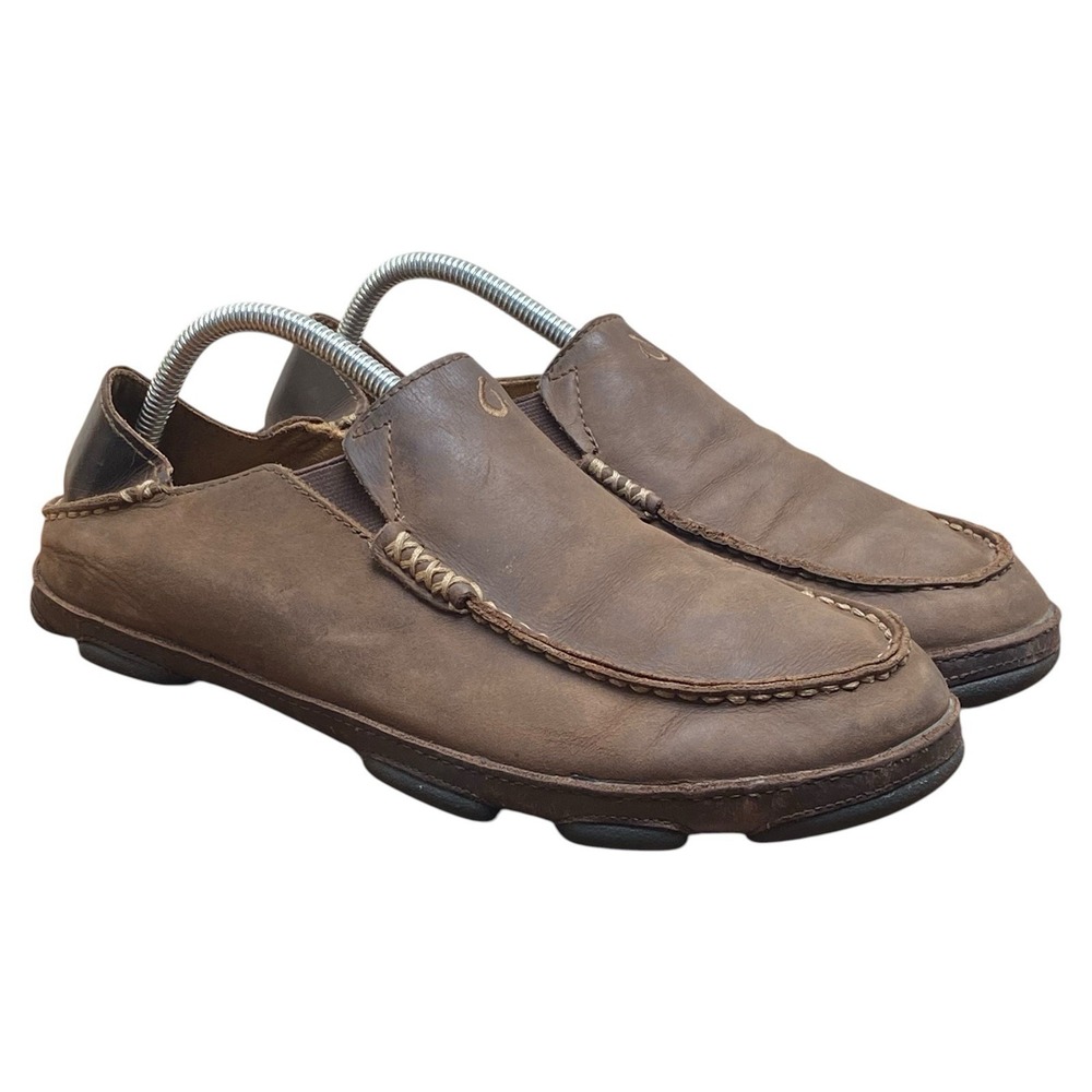 OluKai Moloa Leather Slip On Loafers Dark Wood Brown Shoes Men's Size 9
